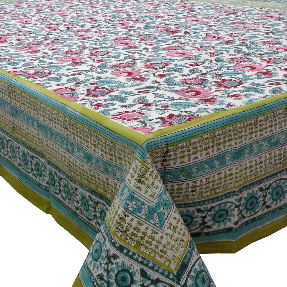 Hand Block Printed Cotton Tablecloth 180x270 cms Phuljhari Olive Open 100990