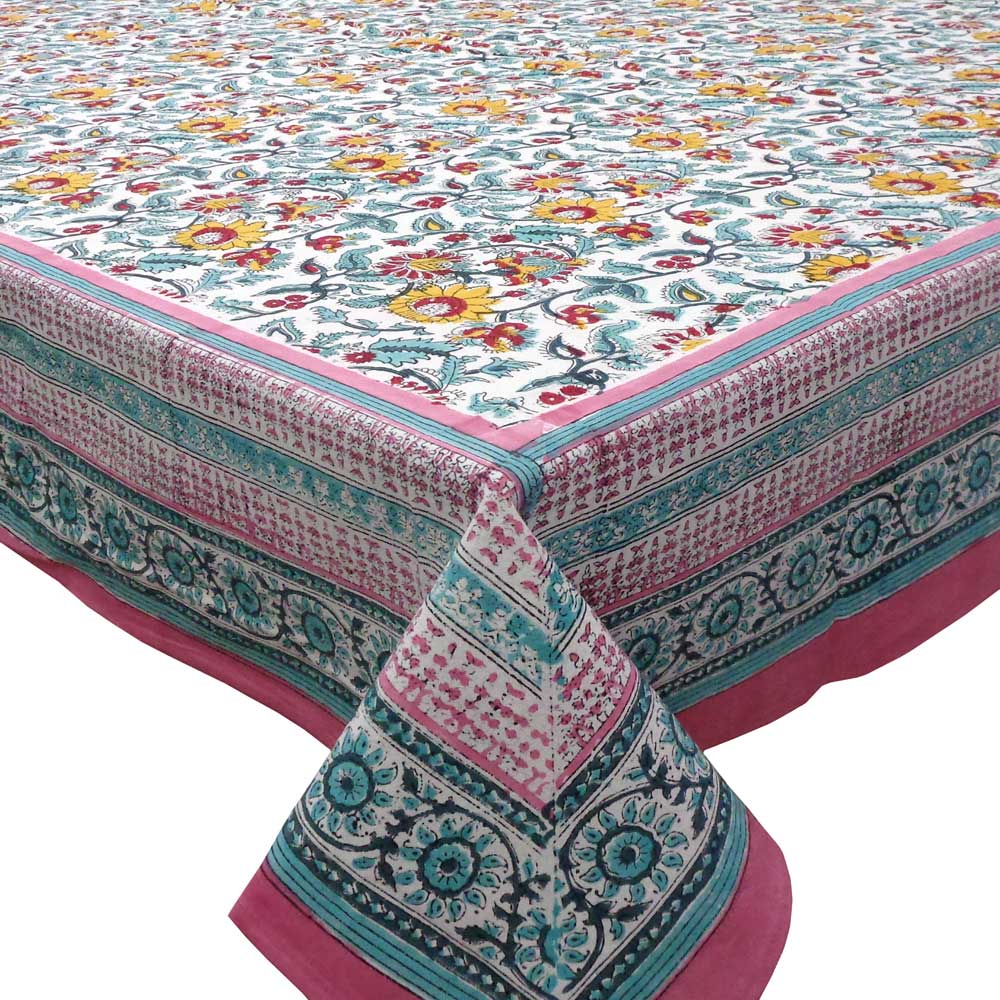 Hand Block Printed Cotton Tablecloth 180x270 cms Phuljhari Pink Open 8514