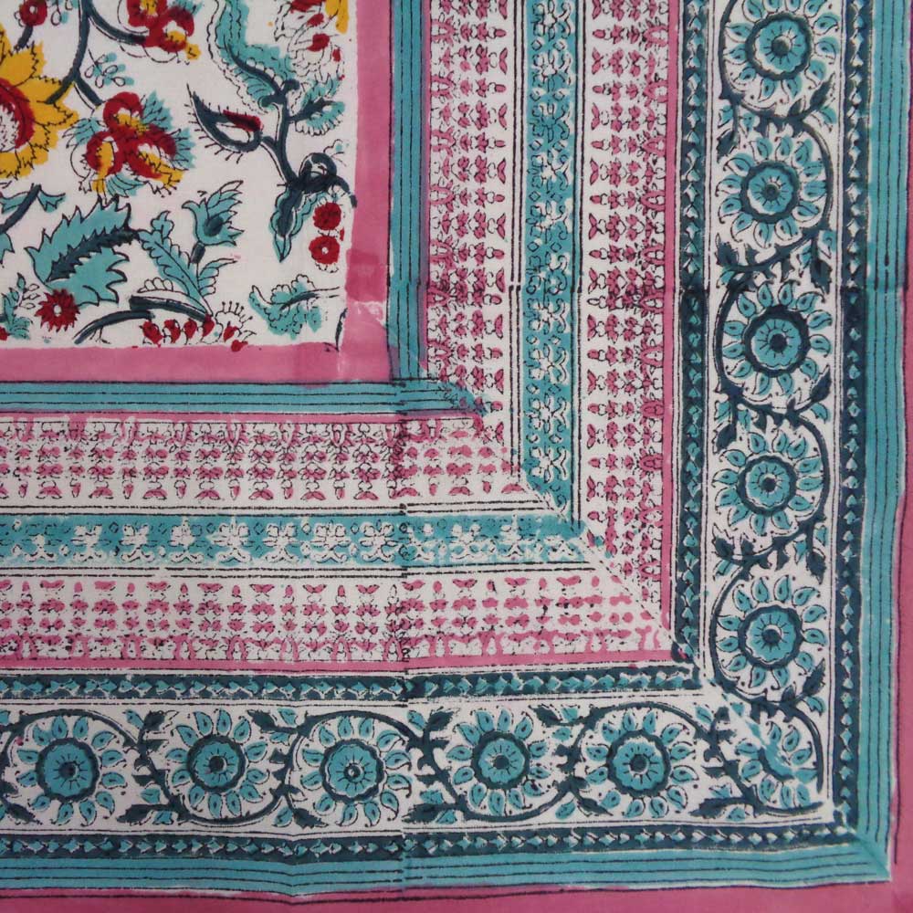 Hand Block Printed Cotton Tablecloth 180x270 cms Phuljhari Pink Open 8514