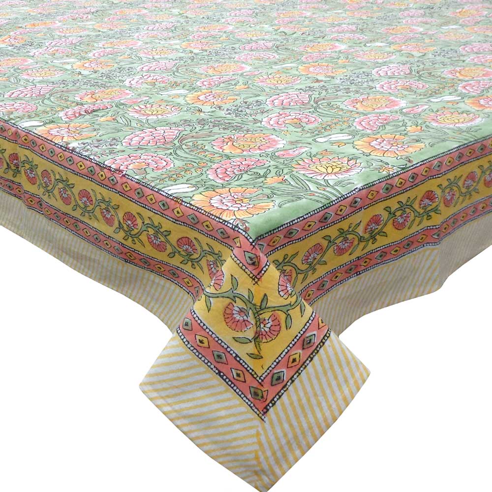 Hand Block Printed Cotton Tablecloth 180x340 cms  Reshma Sea Green Gud 203224