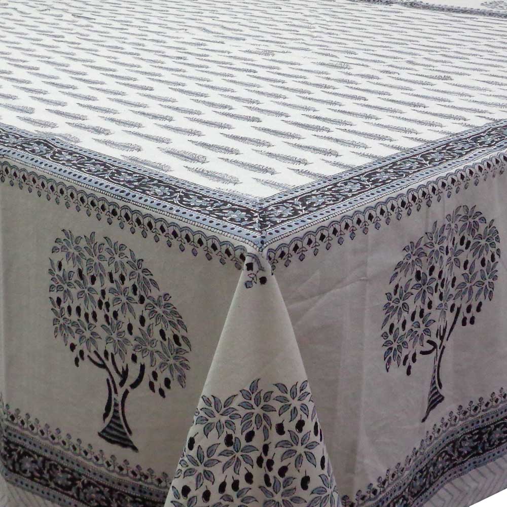 Tablecloth 10 seater in Cotton Hand Block Printed Cotton Tablecloth 200x300 cms Winter Fall Tree Grey 107195