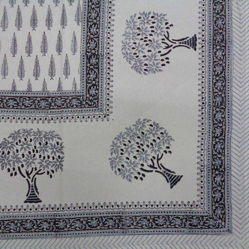 Tablecloth 10 seater in Cotton Hand Block Printed Cotton Tablecloth 200x300 cms Winter Fall Tree Grey 107195