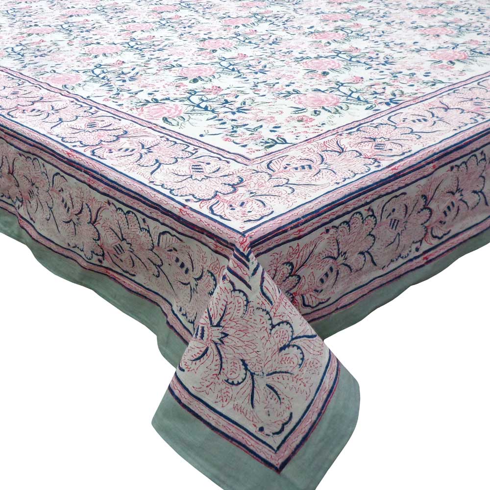 Hand Block Printed Cotton Tablecloth 180x270 cms Naya Gulab Open 105196