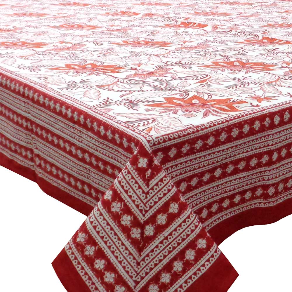 Tablecloth 10 seater in Cotton Hand Block Printed Cotton Tablecloth 200x300 cms Bossanova Red Open 103700