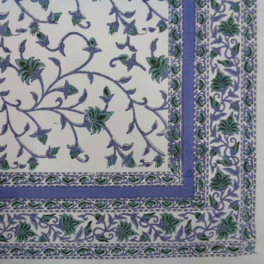 Square Tablecloth in Cotton Hand Block Printed Cotton Tablecloth 220x220 cms Floral Bale Blue 201452