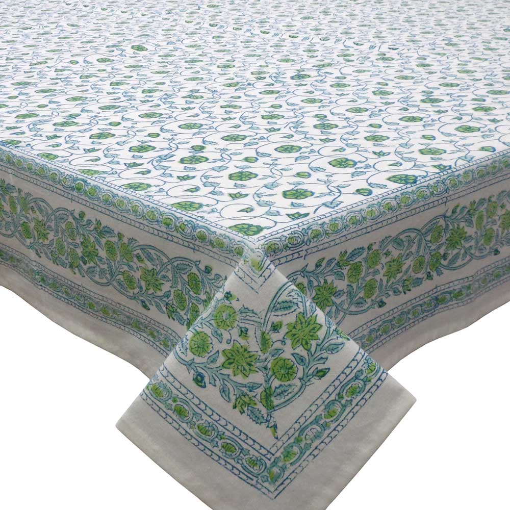 Square Tablecloth in Cotton Hand Block Printed Cotton Tablecloth 220x220 cms Floral Kali Green 200867