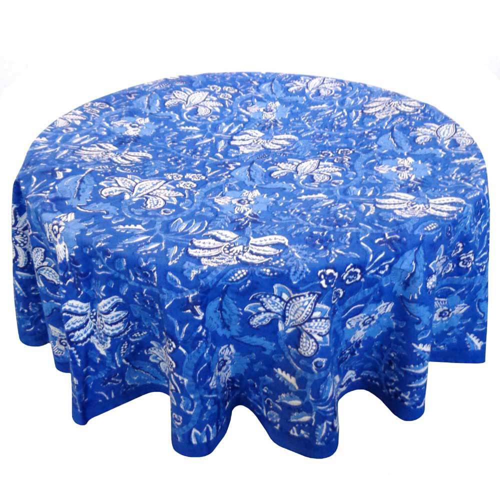 Hand Block Printed Cotton Round Tablecloth 275 cms Anarkali Blue Gud 106797