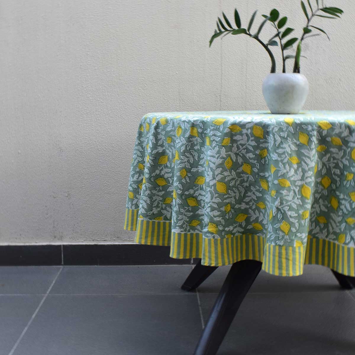 Round 180 cms Cotton French Design Table Cover Lemon Green 202405