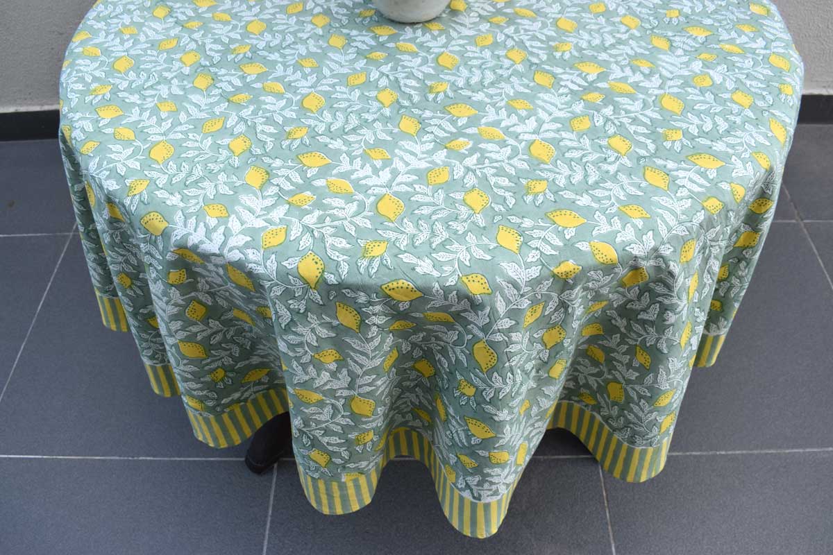 Round 180 cms Cotton French Design Table Cover Lemon Green 202405