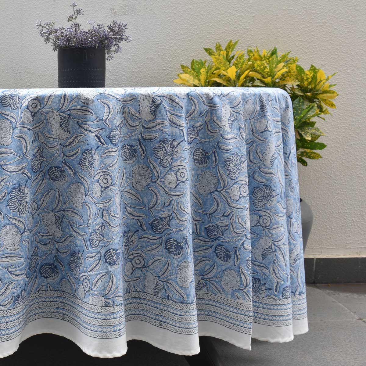 Round 220 cms Cotton French Design Table Cover  Meadow Song Blue 202513