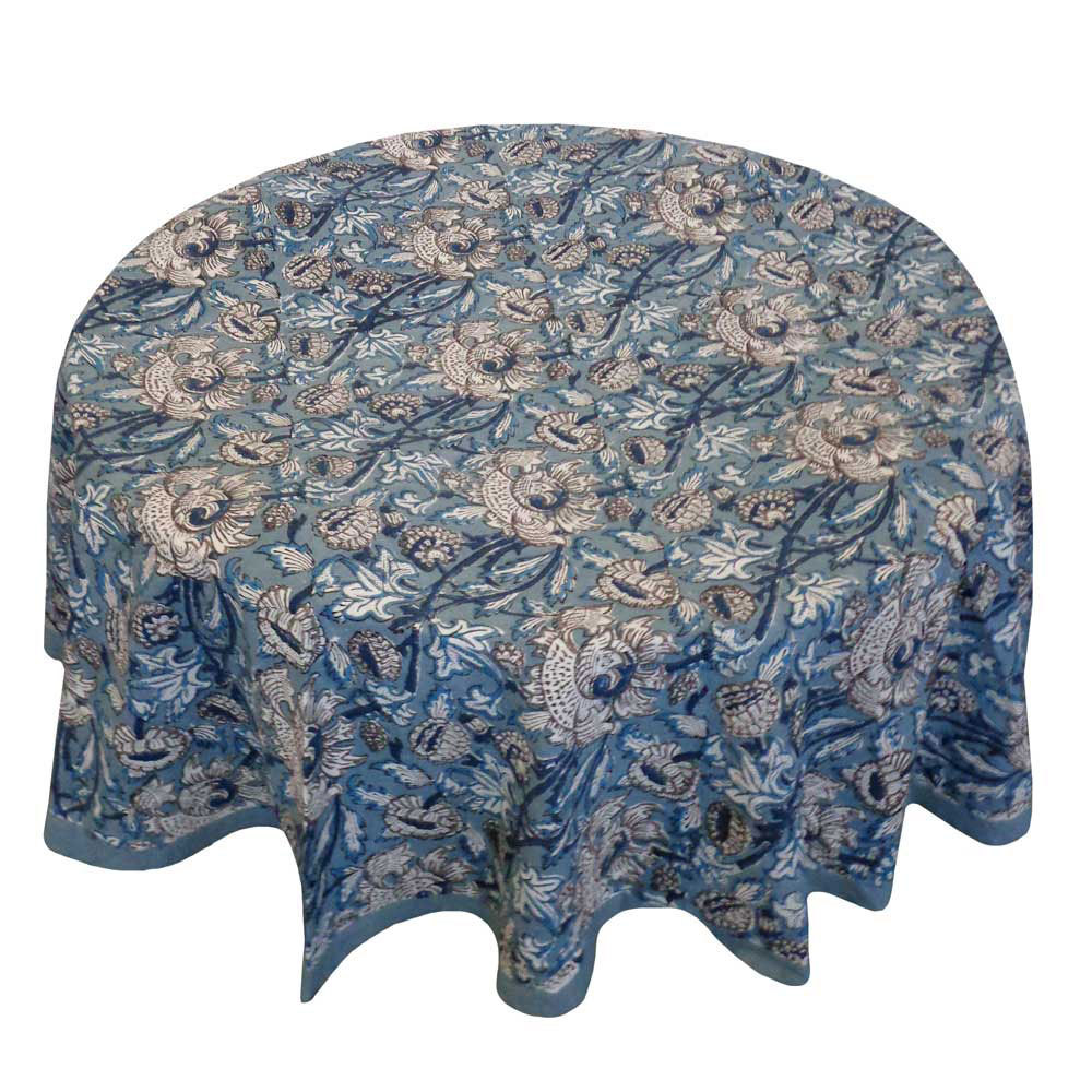 Hand Block Printed Cotton Round Tablecloth 150 cms Amarnath Grey Gud 108994