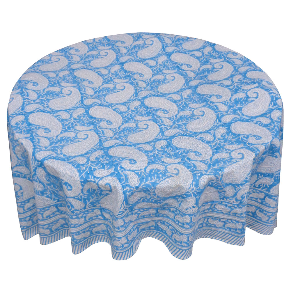 Hand Block Printed Cotton Round Tablecloth 220 cms Ambi Aqua Gud 200868