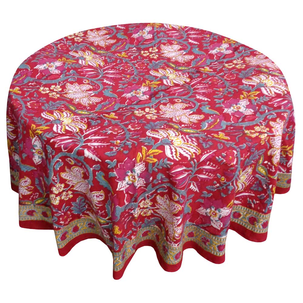 Hand Block Printed Cotton Round Tablecloth 180 cms  Anarkali Red Gud 201397