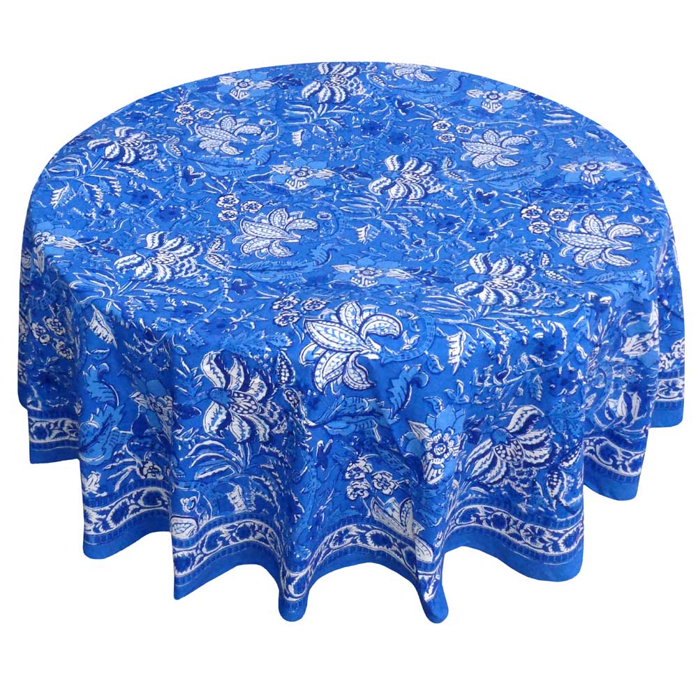 Hand Block Printed Cotton Round Tablecloth 150 cm  Anarkali Blue Gud 106797