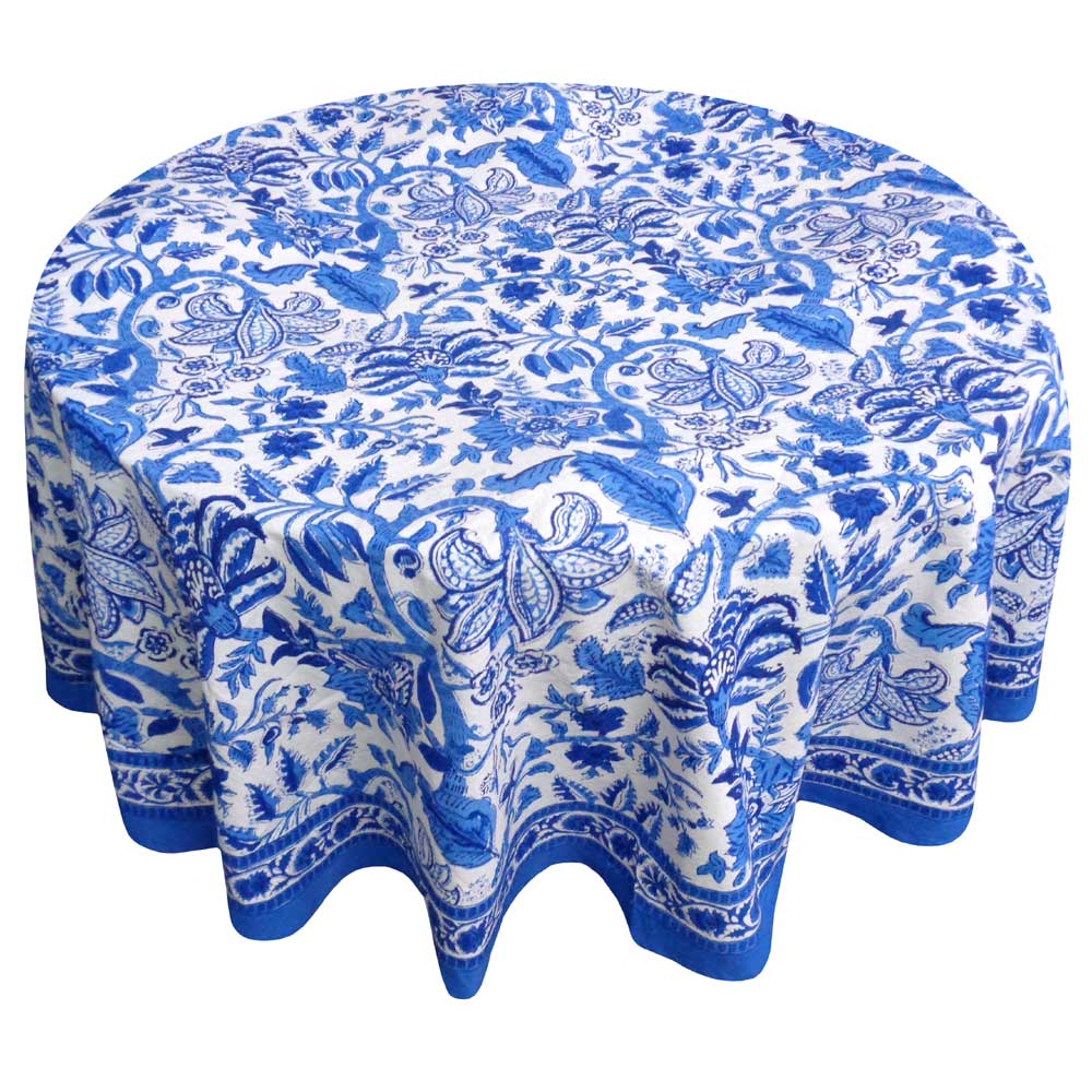 Hand Block Printed Cotton Round Tablecloth 220 cm  Anarkali Blue Open 106795