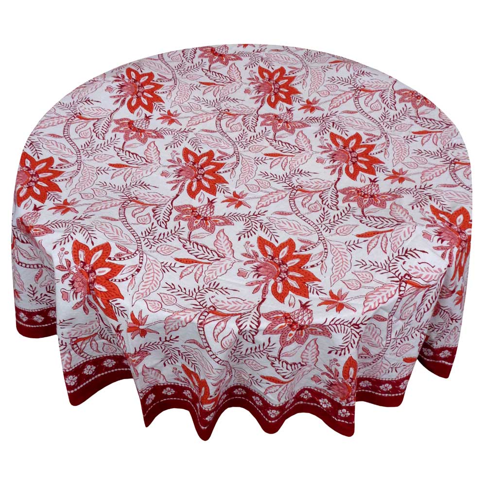Hand Block Printed Cotton Round Tablecloth 150 cms Bossanova Red Open 103700