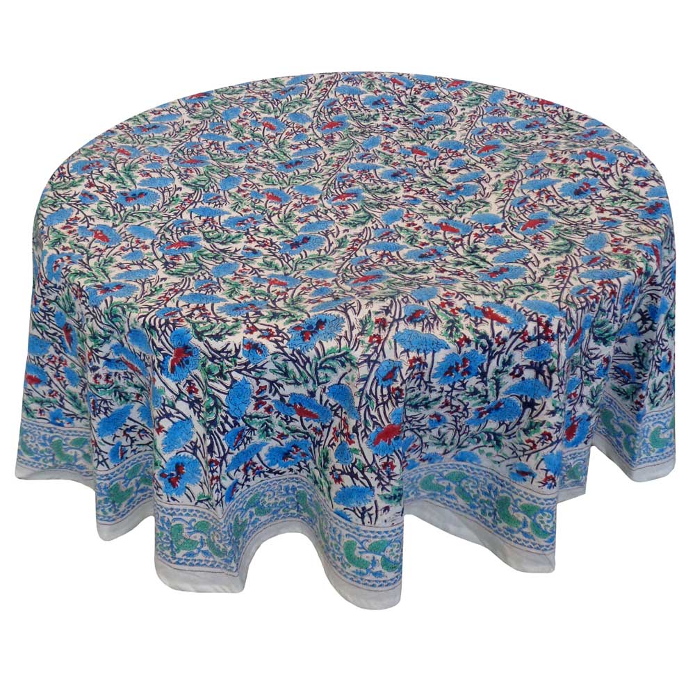 Hand Block Printed Cotton Round Tablecloth 150 cm  Bush Flower Blue Open 102398