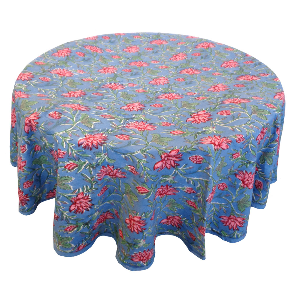 Hand Block Printed Cotton Round Tablecloth 150 cm Cornflower Blue Gud 104845