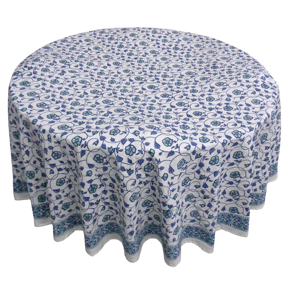 Hand Block Printed Cotton Round Tablecloth 180 cms  Floral Kali Blue 203903