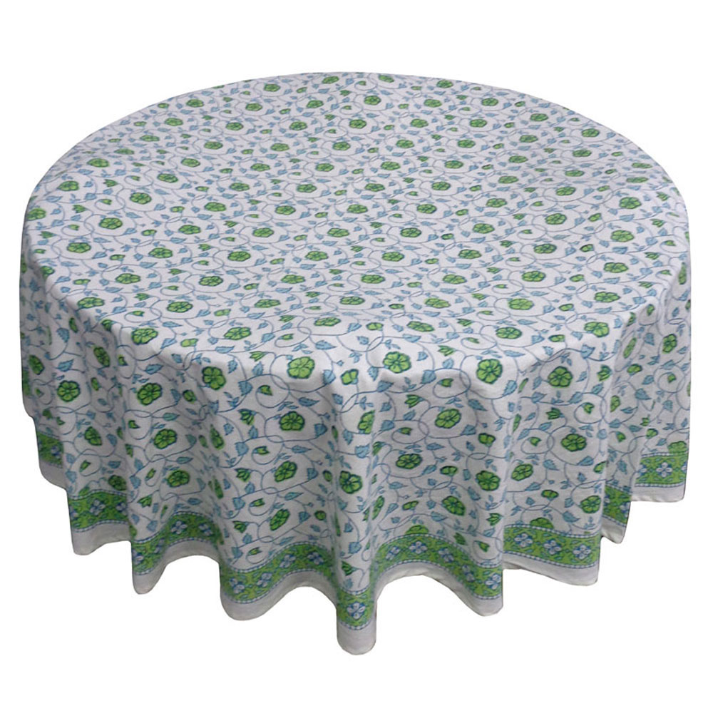 Hand Block Printed Cotton Round Tablecloth 180 cms Floral Kali Green 203909