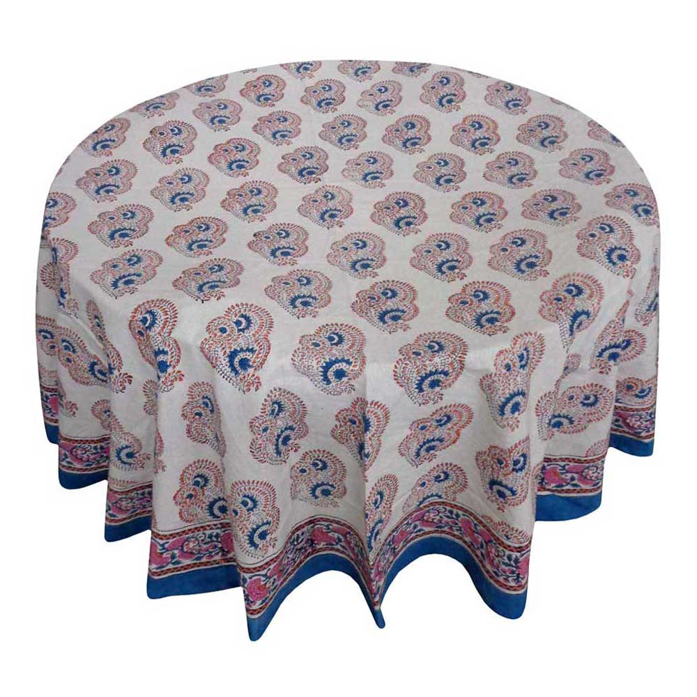 Hand Block Printed Cotton Round Tablecloth 180 cms Kusum Gulabi Boota 205379
