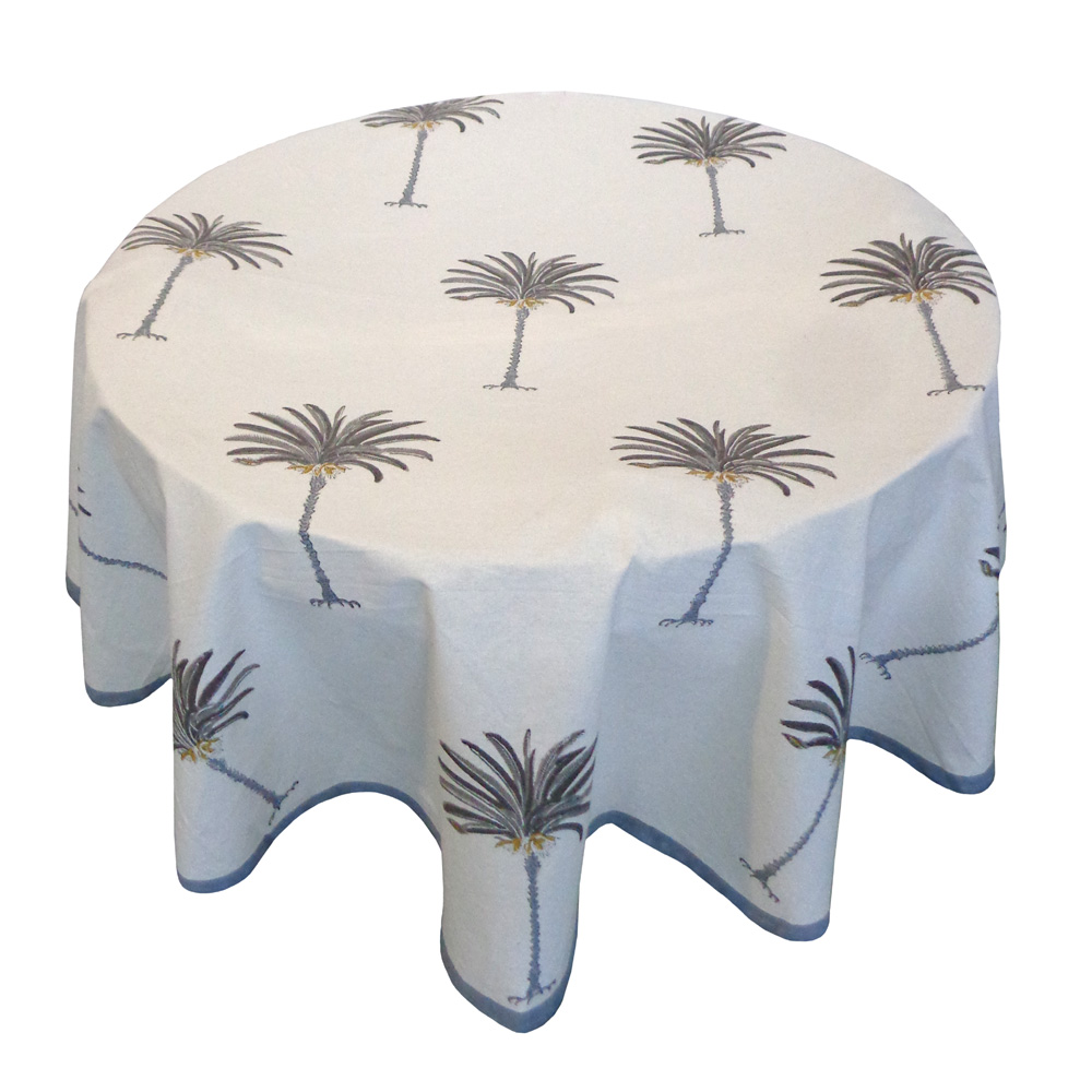 Hand Block Printed Cotton Round Tablecloth 150 cms Palm Tree Grey 105193