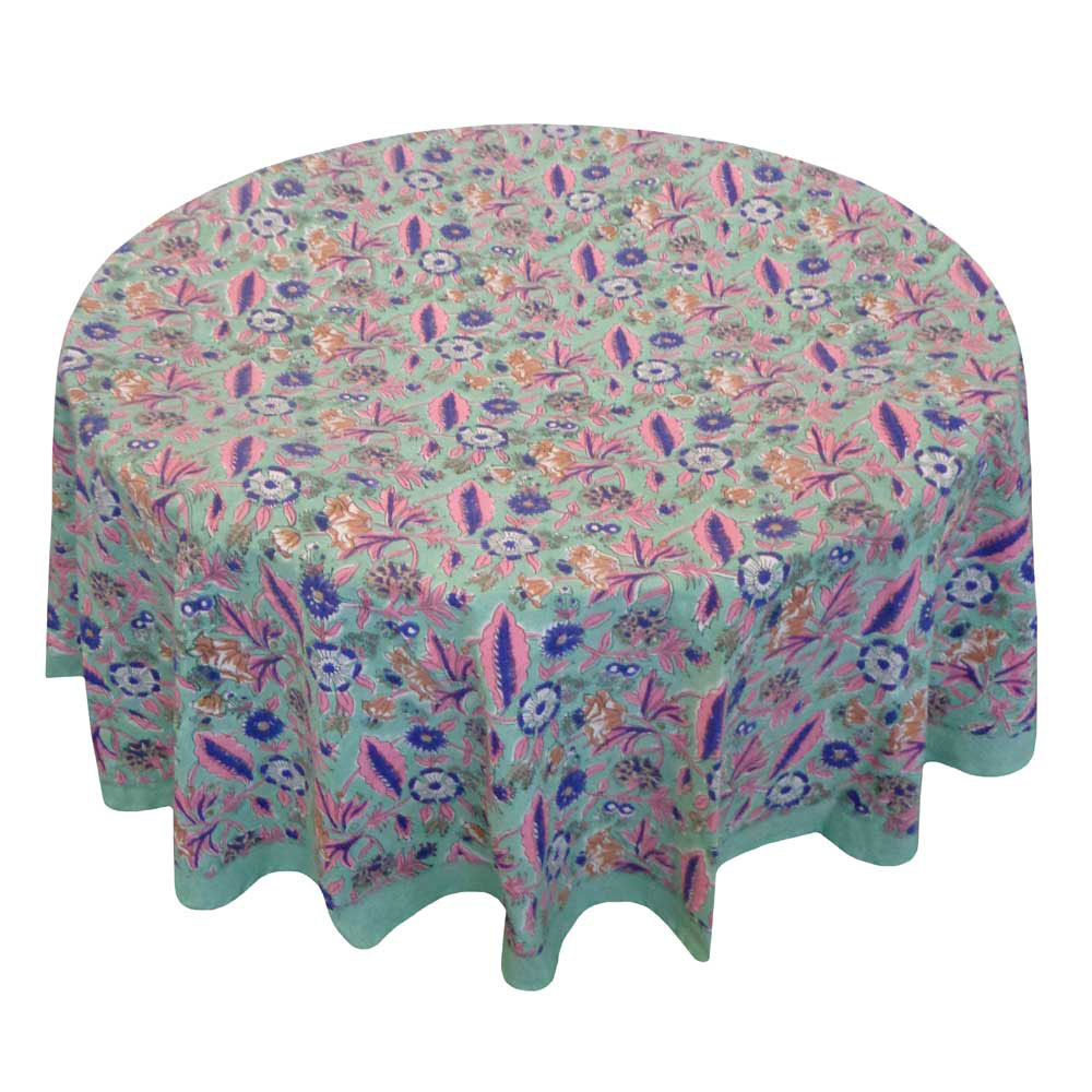 Hand Block Printed Cotton Round Tablecloth 150 cms Wild Flower Ocean Gud 106179