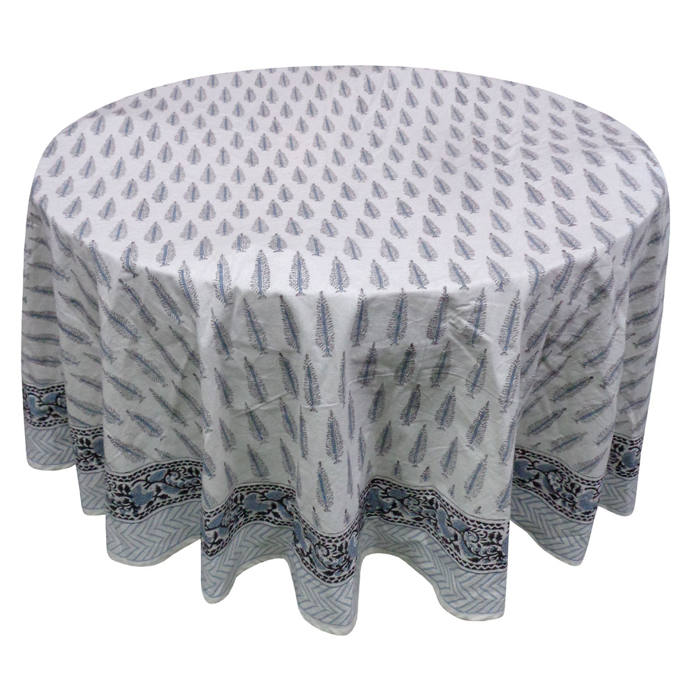 Hand Block Printed Cotton Round Tablecloth 180 cm Winter Fall Tree Grey 107195