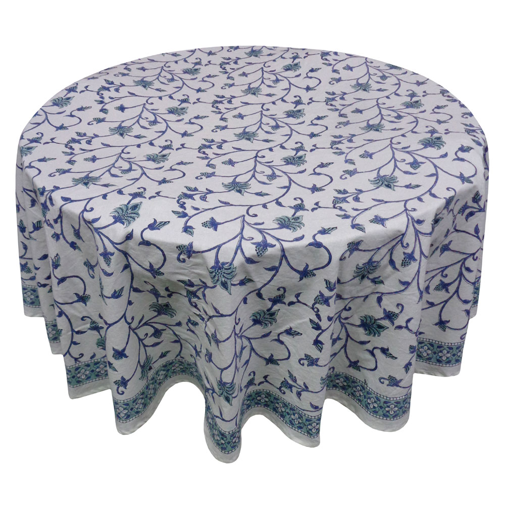 Hand Block Printed Cotton Round Tablecloth 220 cms Floral Bale Blue 203870