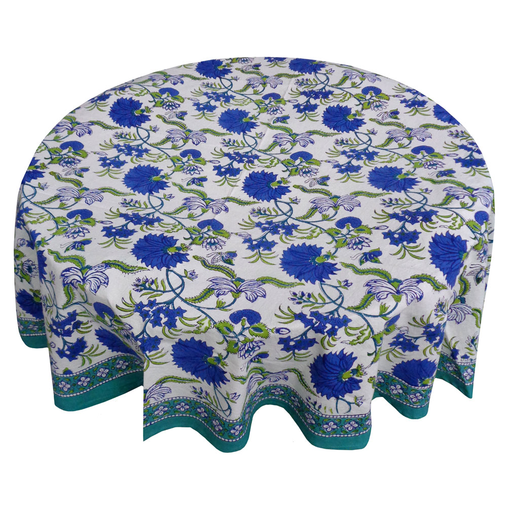 Hand Block Printed Cotton Round Tablecloth 180 cms Flower Blossom Sea Green Open 100358