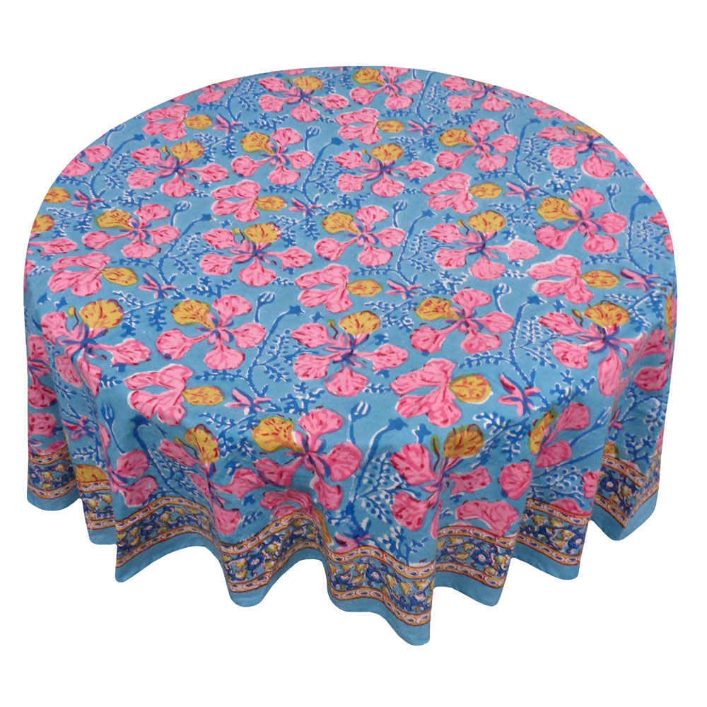 Hand Block Printed Cotton Round Tablecloth 275 cms Gulmohar Gud 206384