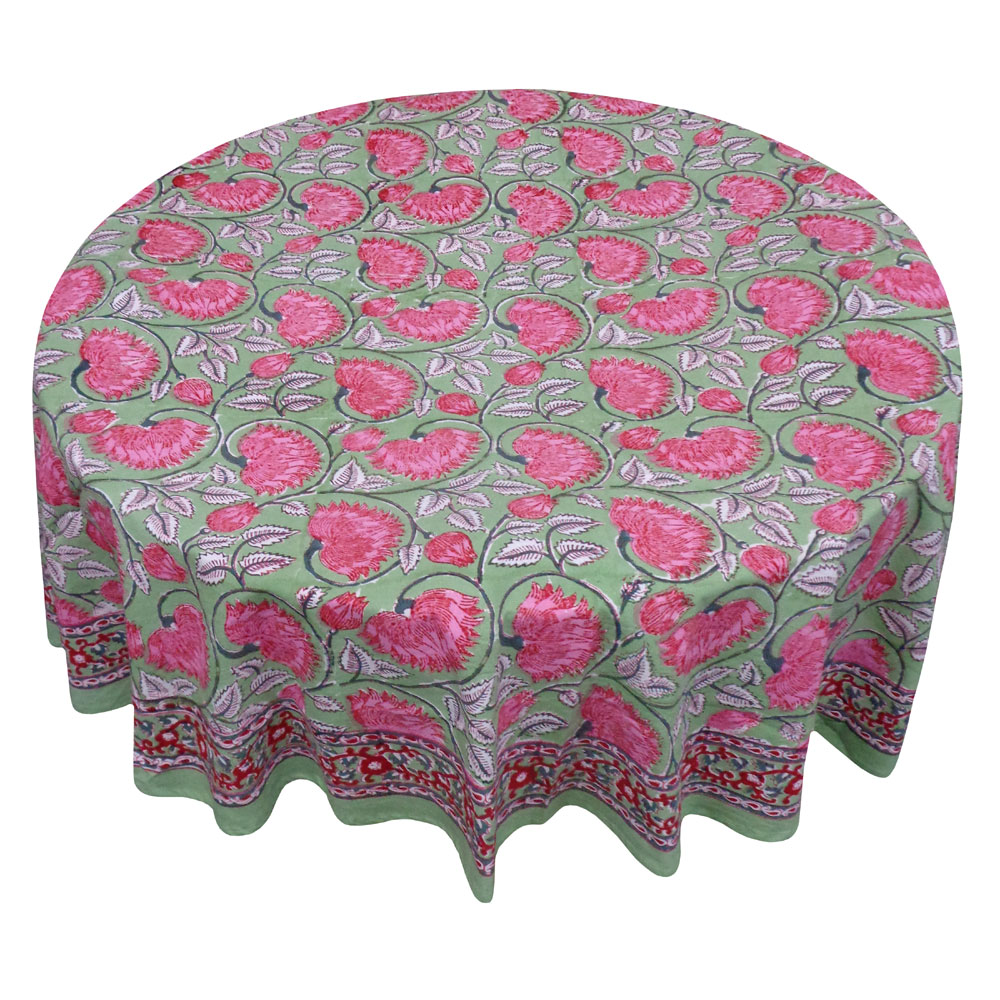 Hand Block Printed Cotton Round Tablecloth 180 cms Kamal Gulabi Gud 206591