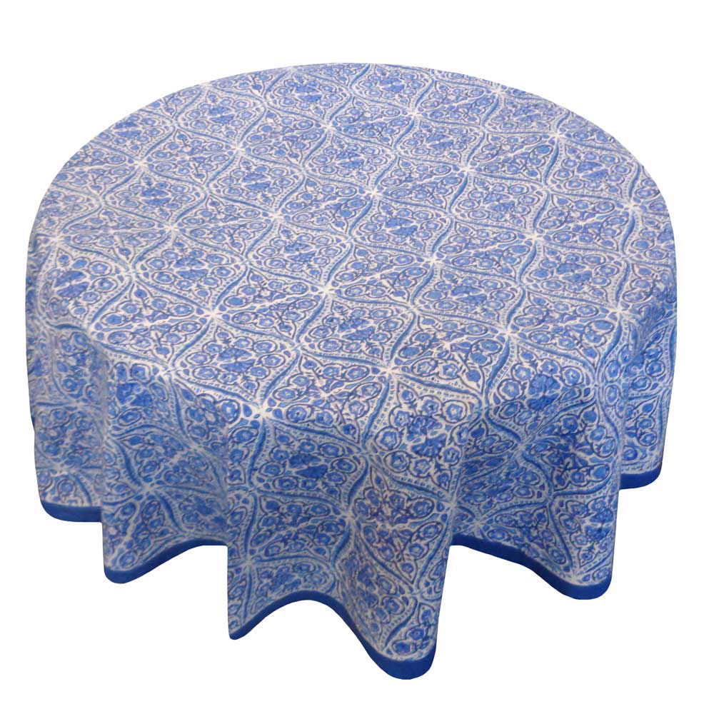 Hand Block Printed Cotton Round Tablecloth 180 cms  Nili Phool Chokri 106104