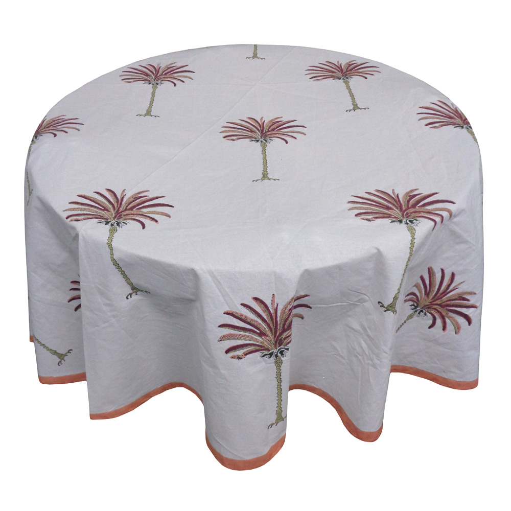 Hand Block Printed Cotton Round Tablecloth 220 cms Palm Tree Pink 200516