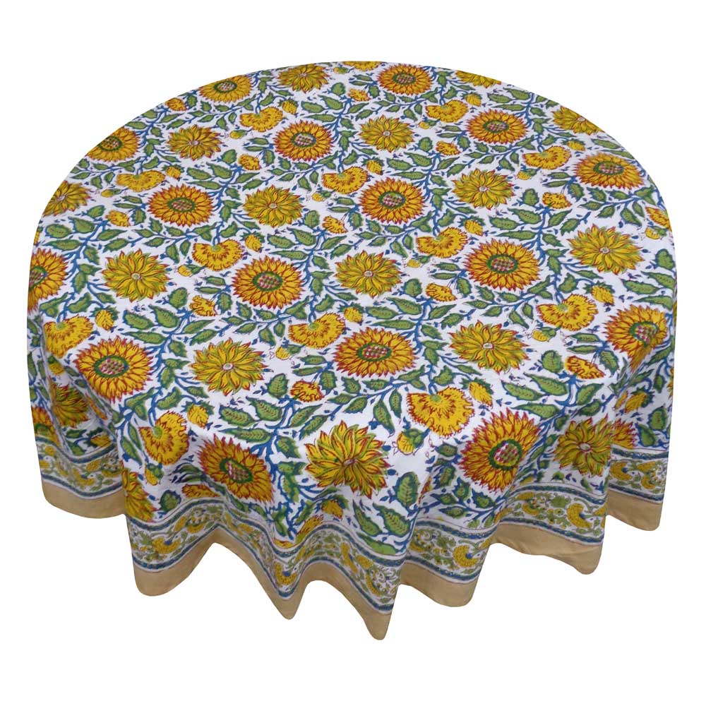 Hand Block Printed Cotton Round Tablecloth 180 cms Surajmukhi Canary Open 206589