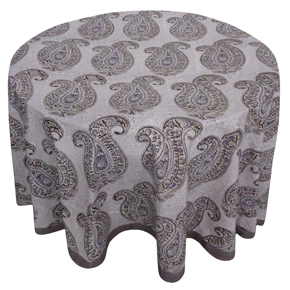 Hand Block Printed Cotton Round Tablecloth 220 cms Big Paisley Brown 200211