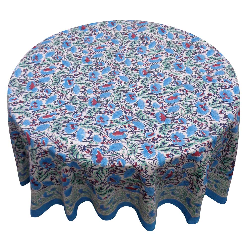 Hand Block Printed Cotton Round Tablecloth 220 cm Bush Flower Blue Open 102398