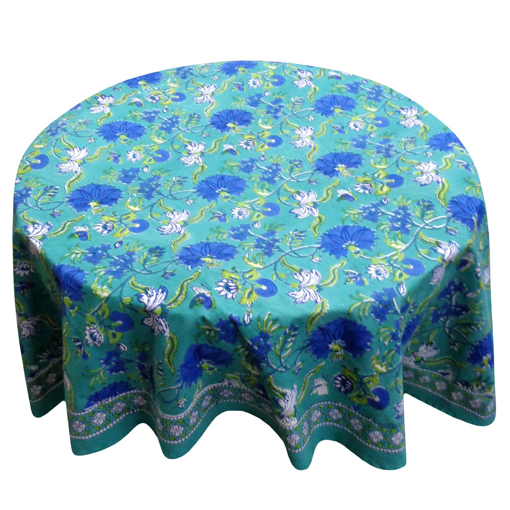 Hand Block Printed Cotton Round Tablecloth 220 cms Flower Blossom Sea Green Gud 106040