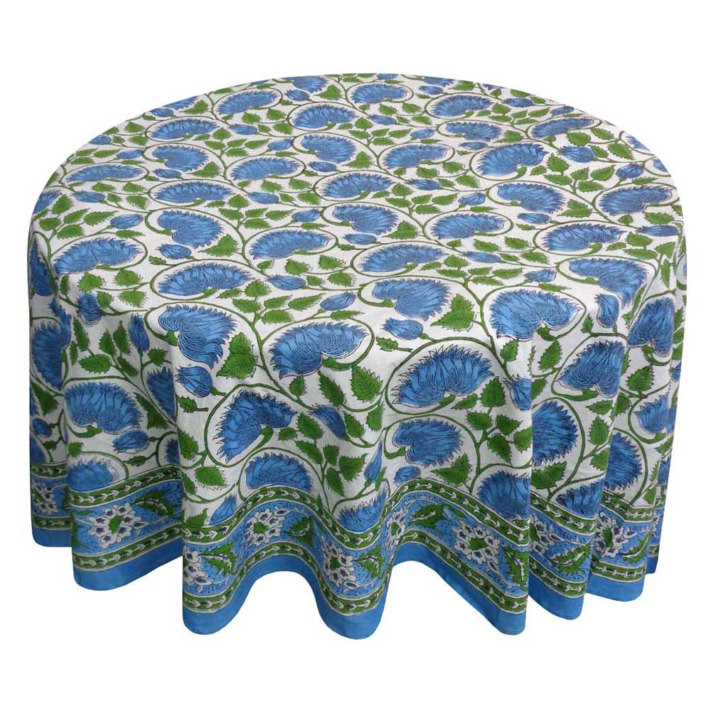 Hand Block Printed Cotton Round Tablecloth 150 cms  Kamal Aqua Open 106099