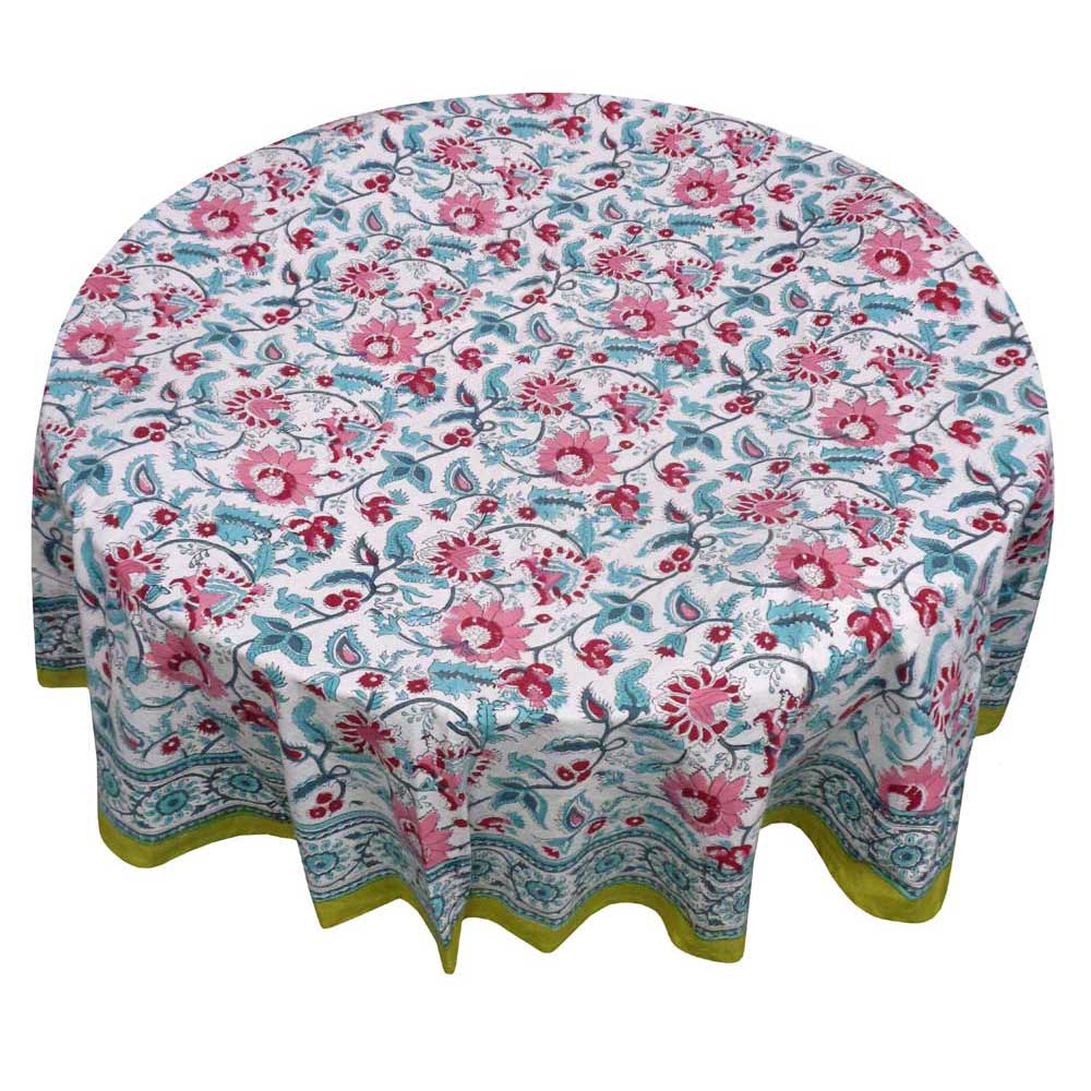Hand Block Printed Cotton Round Tablecloth 220 cm Phuljhari Olive Open 208289