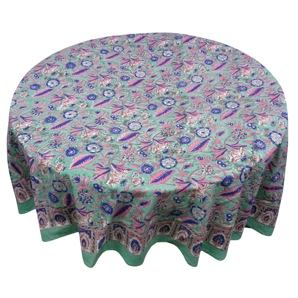 Hand Block Printed Cotton Round Tablecloth 220 cms Wild Flower Ocean Gud 106179