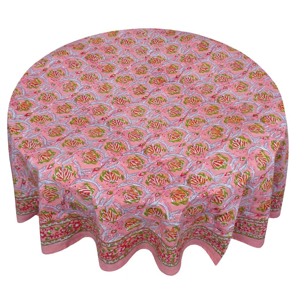 Hand Block Printed Cotton Round Tablecloth 220 cm Frost Pink Floral 202816
