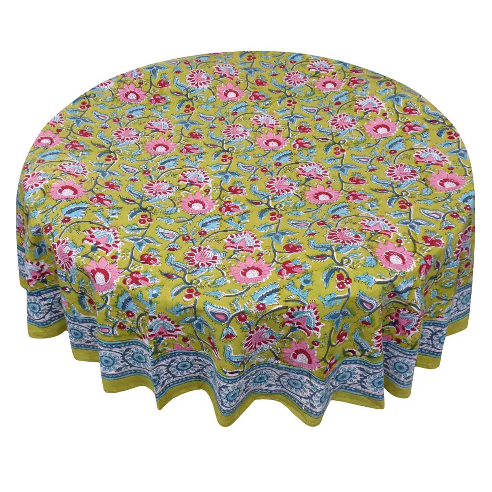Hand Block Printed Cotton Round Tablecloth 275 cms   Phuljhari Olive Gud 103487