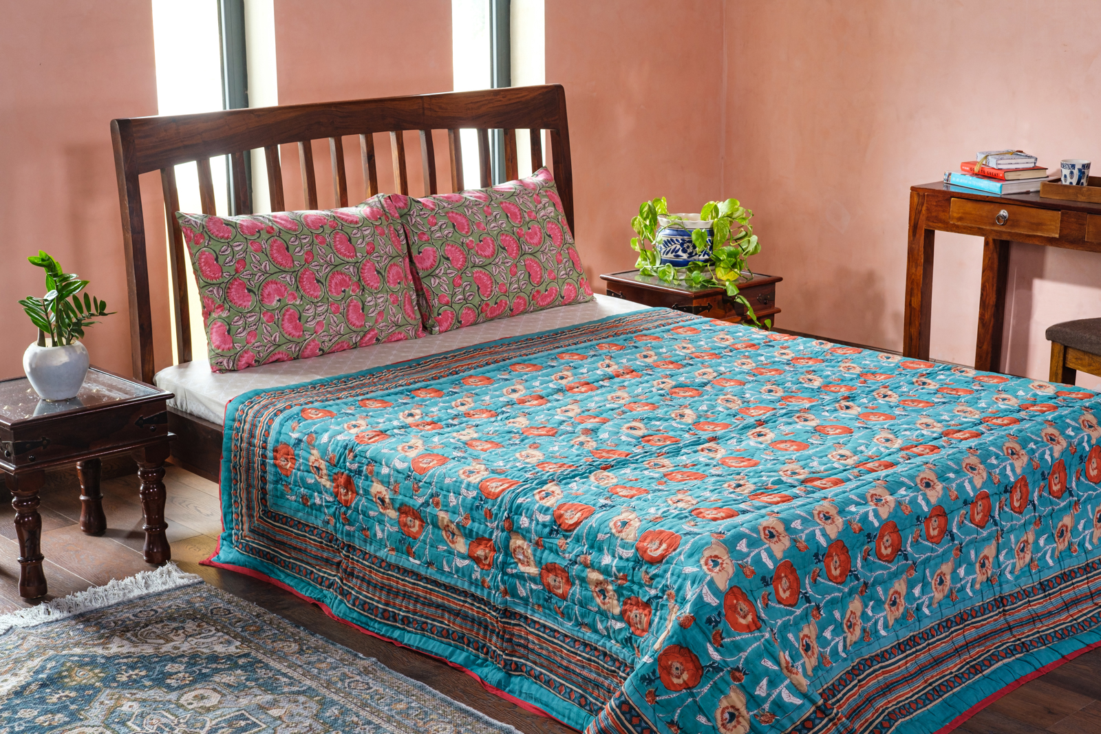 Queen Size Soft Cotton Quilt Handmade Teal Flower 100391