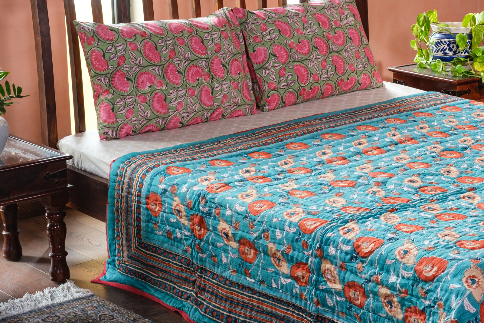 Queen Size Soft Cotton Quilt Handmade Teal Flower 100391