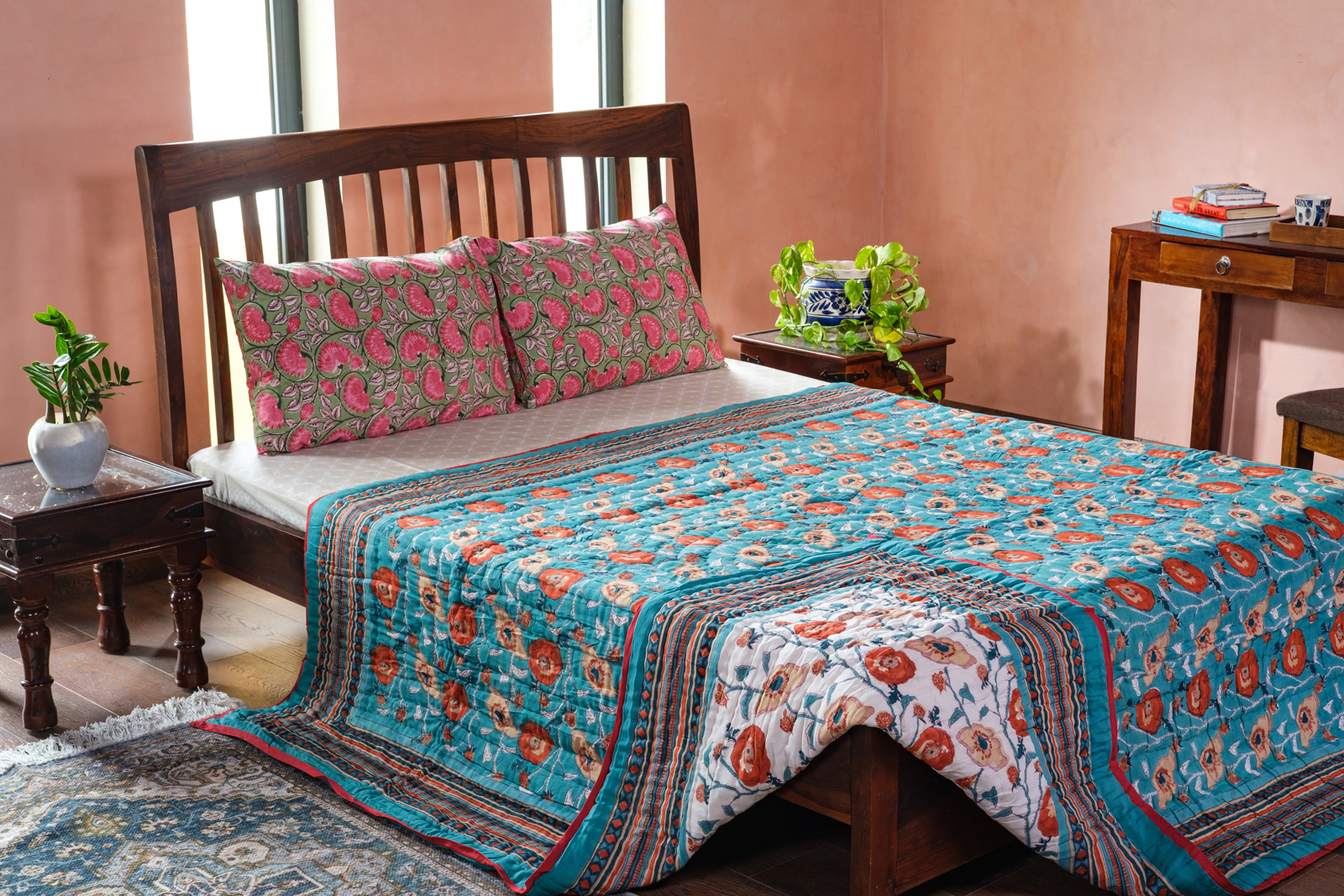 Queen Size Soft Cotton Quilt Handmade Teal Flower 100391