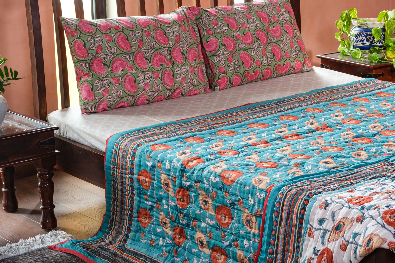 Queen Size Soft Cotton Quilt Handmade Teal Flower 100391