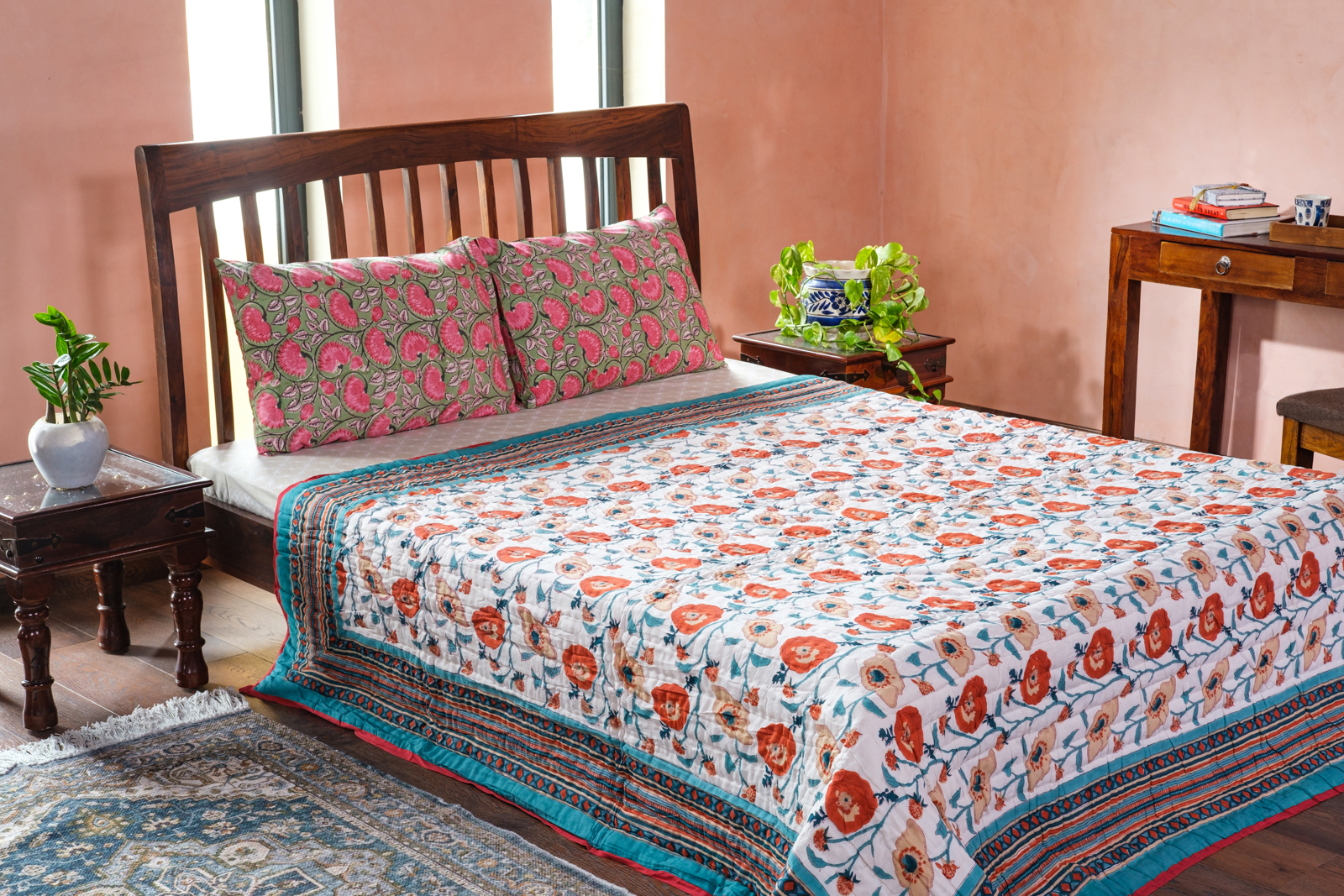 Queen Size Soft Cotton Quilt Handmade Teal Flower 100391