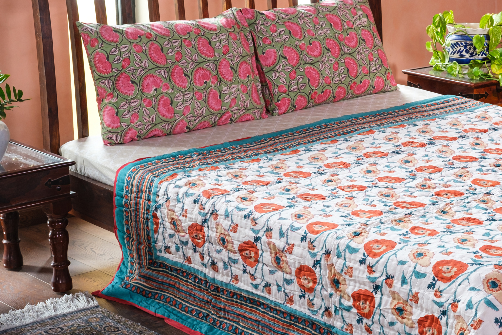 Queen Size Soft Cotton Quilt Handmade Teal Flower 100391