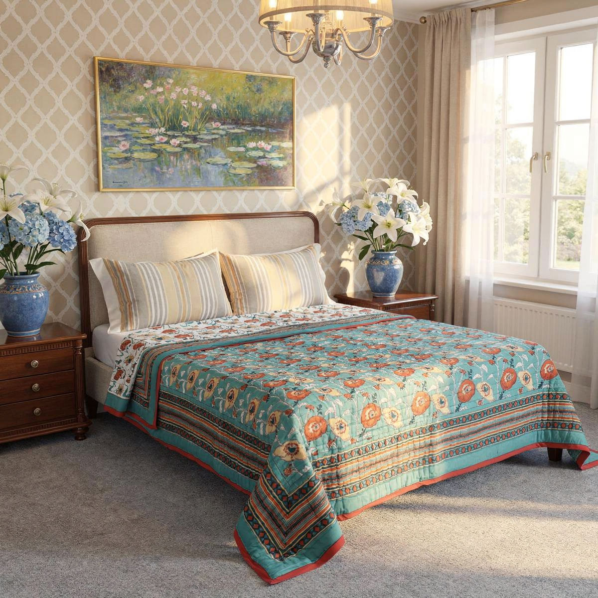 Hand Block Printed Twin Size Quilt Teal Flower 108549